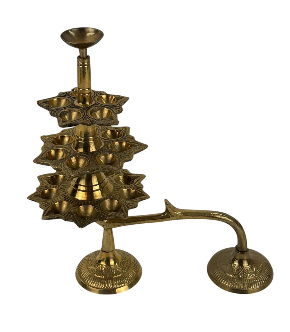 Brass Aarti Pooja Lamp Hindu Tempe Decor Multi-tiered Deepam 21 Wicks Arti Lamp